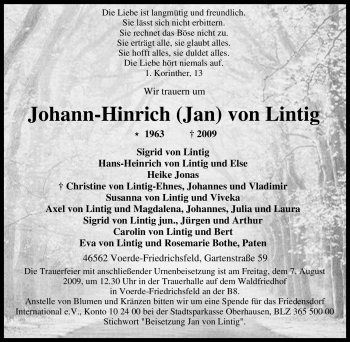 Traueranzeige von Johann-Hinrich von Lintig von Tageszeitung