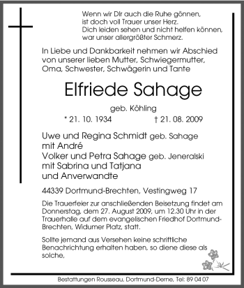 Traueranzeige von Elfriede Sahage von Tageszeitung