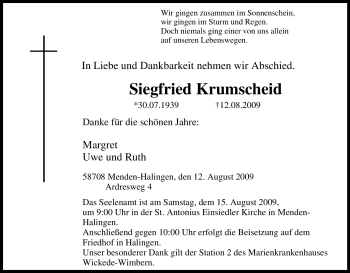 Traueranzeige von Siegfried Krumscheid von Tageszeitung