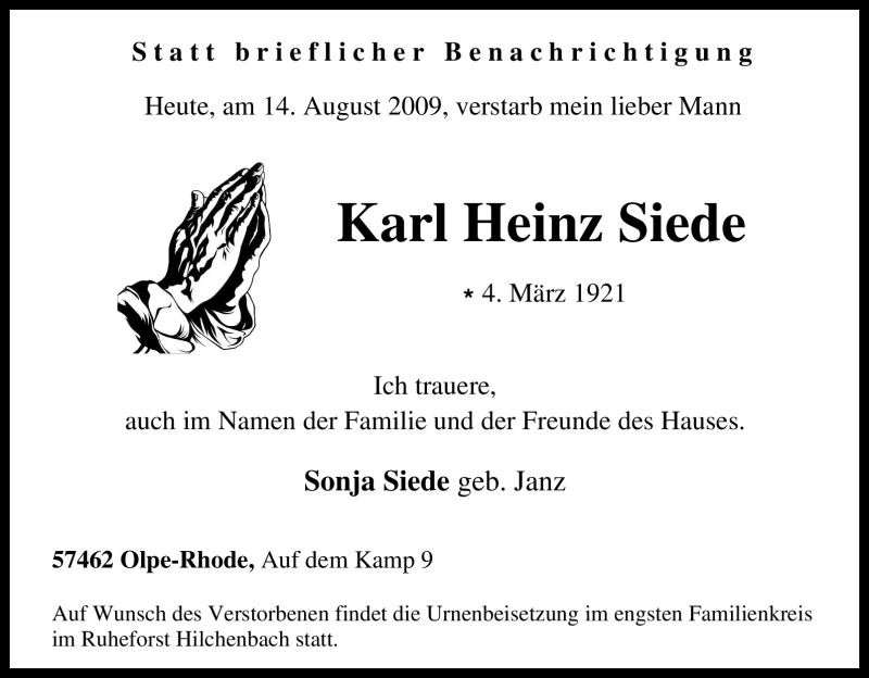  Traueranzeige für Karl Heinz Siede vom 15.08.2009 aus Tageszeitung
