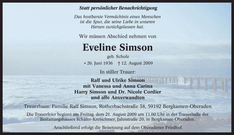  Traueranzeige für Eveline Simson vom 18.08.2009 aus Tageszeitung