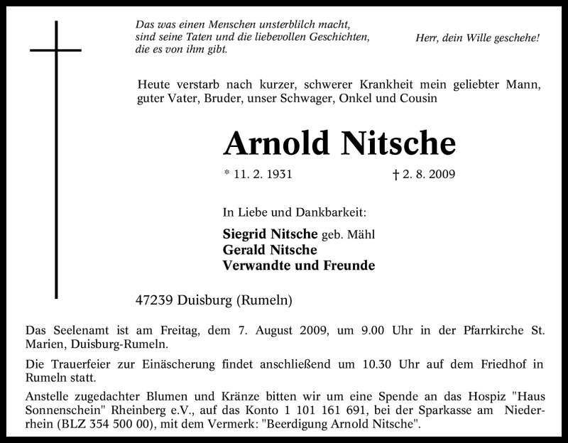  Traueranzeige für Arnold Nitsche vom 04.08.2009 aus Tageszeitung