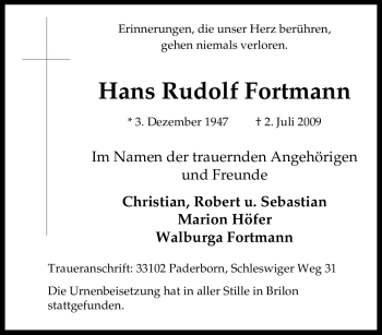 Traueranzeige von Hans Rudolf Fortmann von Tageszeitung