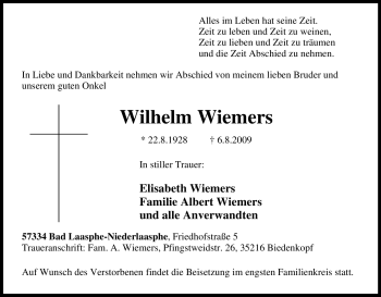 Traueranzeige von Wilhelm Wiemers von Tageszeitung