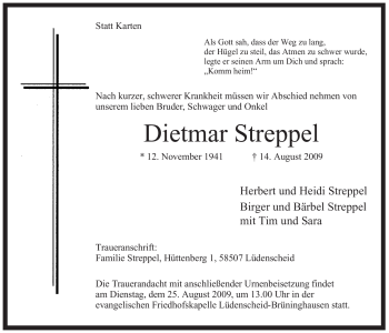 Traueranzeige von Dietmar Streppel von Tageszeitung
