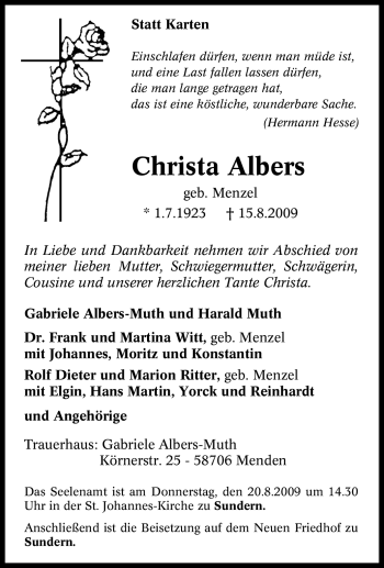 Traueranzeige von Christa Albers von Tageszeitung