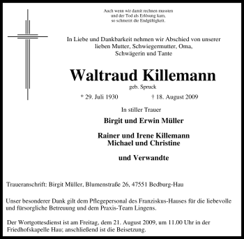 Traueranzeige von Waltraud Killemann von Tageszeitung