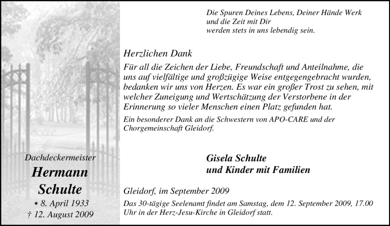  Traueranzeige für Hermann Schulte vom 07.09.2009 aus Tageszeitung