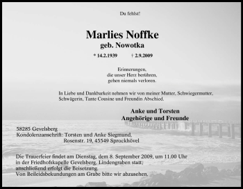 Traueranzeige von Marlies Noffke von Tageszeitung