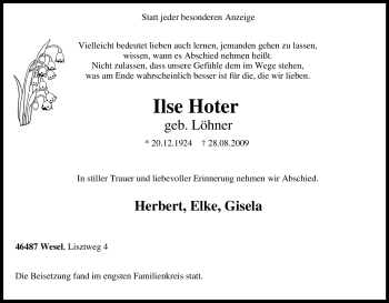 Traueranzeige von Ilse Hoter von Tageszeitung
