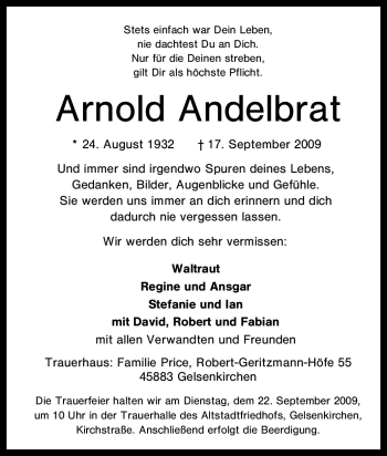 Traueranzeige von Arnold Andelbrat von Tageszeitung