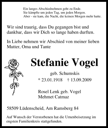 Traueranzeige von Stefanie Vogel von Tageszeitung