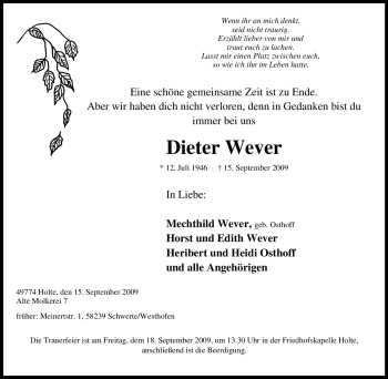 Traueranzeige von Dieter Wever von Tageszeitung