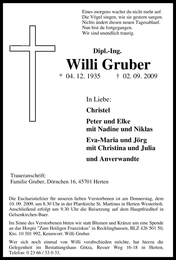  Traueranzeige für Willi Gruber vom 05.09.2009 aus Tageszeitung