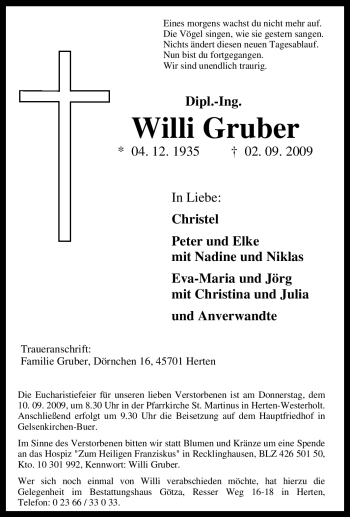 Traueranzeige von Willi Gruber von Tageszeitung