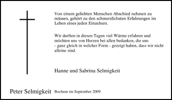 Traueranzeige von Peter Selmigkeit von Tageszeitung