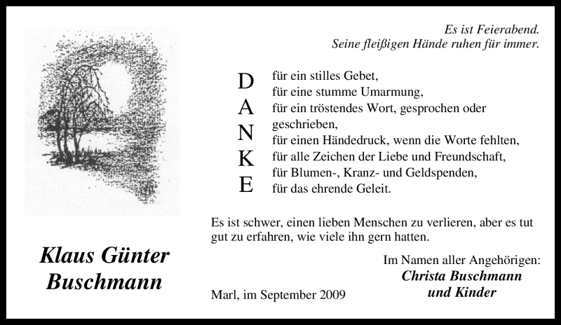  Traueranzeige für Klaus Günter Buschmann vom 25.09.2009 aus Tageszeitung
