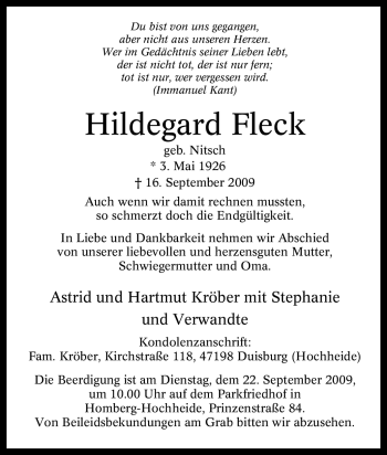 Traueranzeige von Hildegard Fleck von Tageszeitung