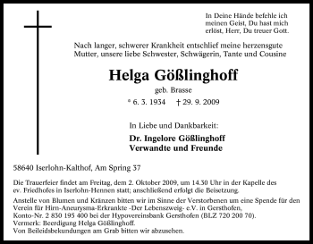 Traueranzeige von Helga Gößlinghoff von Tageszeitung