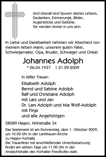 Traueranzeige von Johannes Adolph von Tageszeitung