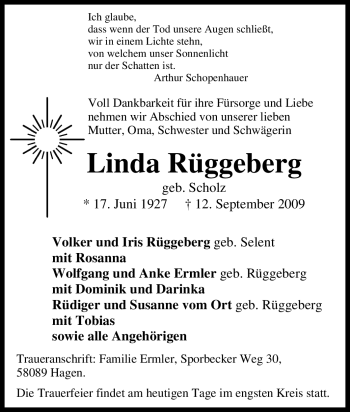 Traueranzeige von Linda Rüggeberg von Tageszeitung