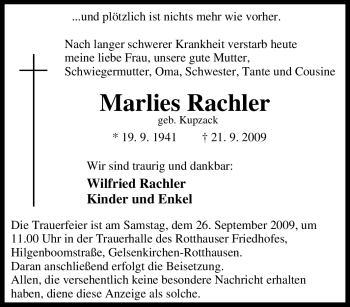Traueranzeige von Marlies Rachler von Tageszeitung