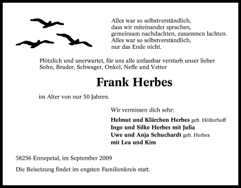 Traueranzeige von Frank Herbes von Tageszeitung