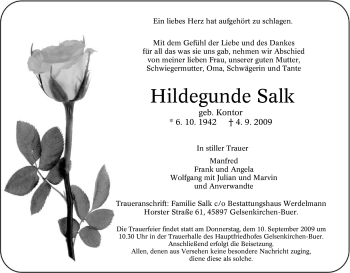 Traueranzeige von Hildegunde Salk von Tageszeitung