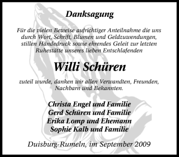 Traueranzeige von Willi Schüren von Tageszeitung