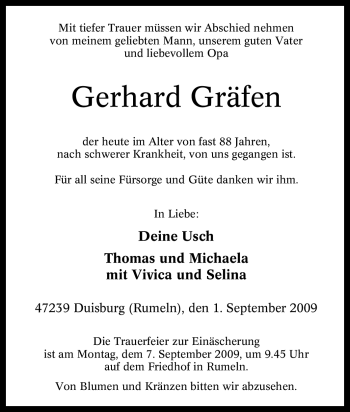 Traueranzeige von Gerhard Gräfen von Tageszeitung