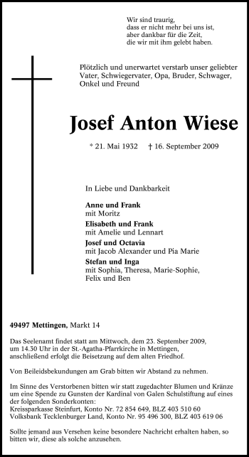 Traueranzeige von Josef Anton Wiese von Tageszeitung