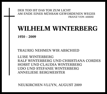 Traueranzeige von Wilhelm Winterberg von Tageszeitung