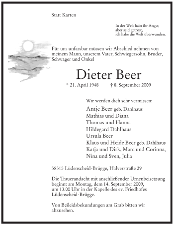 Traueranzeige von Dieter Beer von Tageszeitung