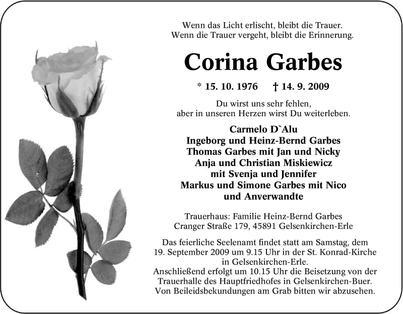  Traueranzeige für Corina Garbes vom 18.09.2009 aus Tageszeitung