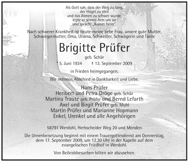  Traueranzeige für Brigitte Prüfer vom 14.09.2009 aus Tageszeitung