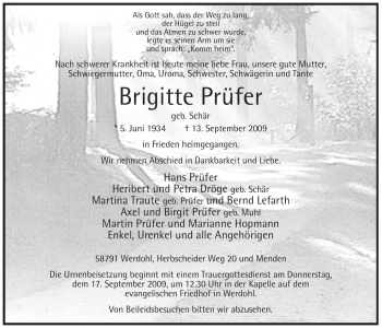 Traueranzeige von Brigitte Prüfer von Tageszeitung