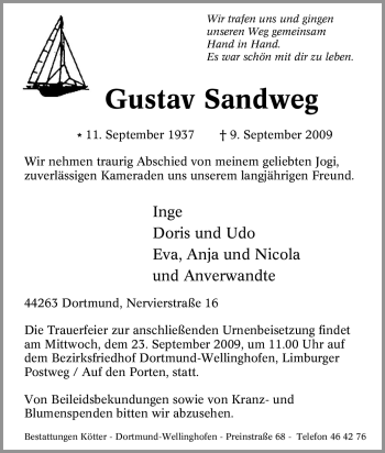 Traueranzeige von Gustav Sandweg von Tageszeitung