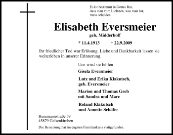 Traueranzeige von Elisabeth Eversmeier von Tageszeitung