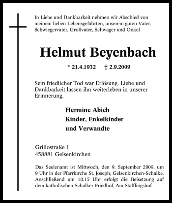 Traueranzeige von Helmut Beyenbach von Tageszeitung