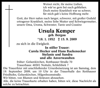 Traueranzeige von Ursula Kemper von Tageszeitung