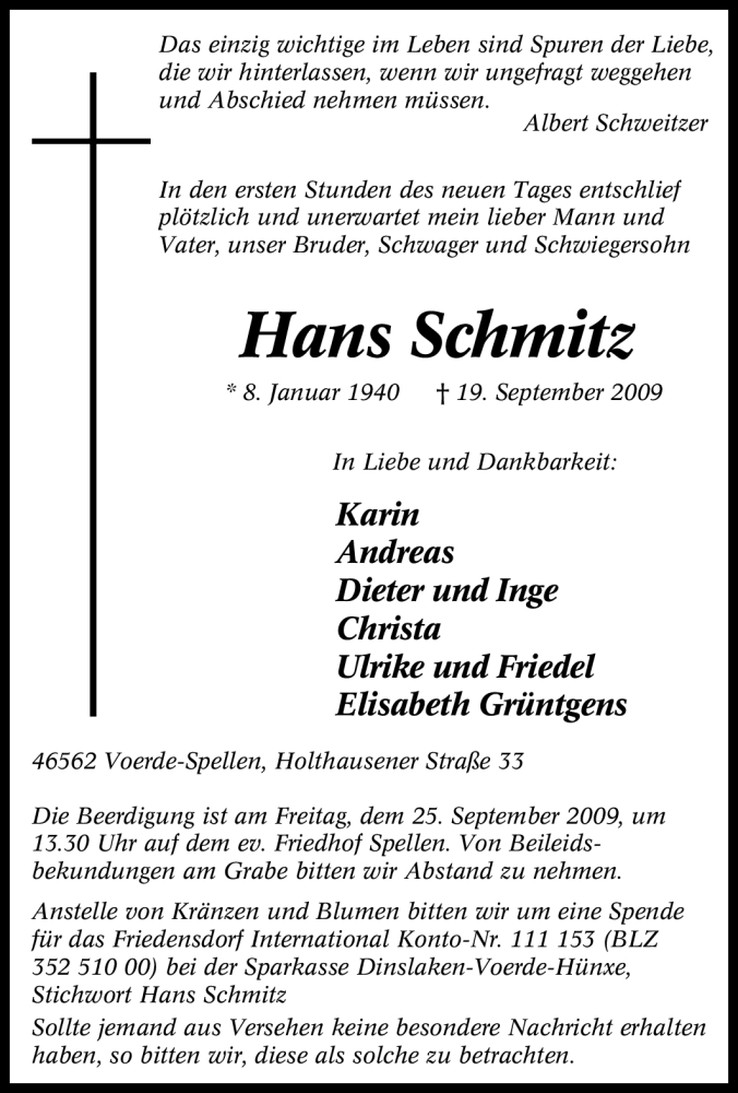  Traueranzeige für Hans Schmitz vom 23.09.2009 aus Tageszeitung