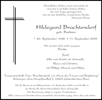 Traueranzeige von Hildegard Brachtendorf von Tageszeitung