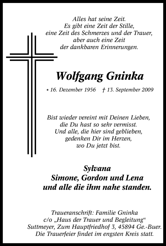  Traueranzeige für Wolfgang Gninka vom 16.09.2009 aus Tageszeitung