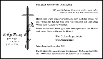 Traueranzeige von Erika Backs von Tageszeitung