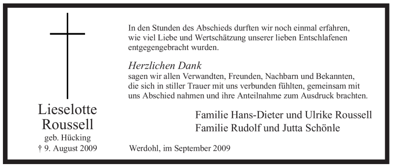  Traueranzeige für Lieselotte Roussell vom 14.09.2009 aus Tageszeitung