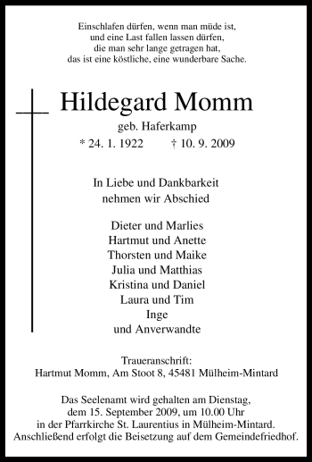 Traueranzeige von Hildegard Momm von Tageszeitung