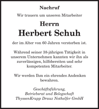 Traueranzeige von Herbert Schuh von Tageszeitung