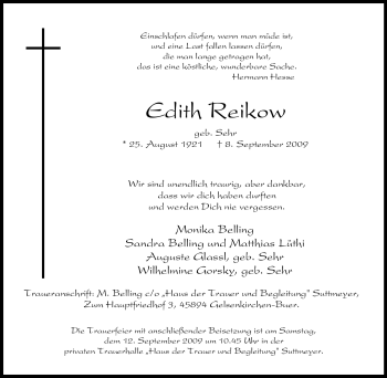 Traueranzeige von Edith Reikow von Tageszeitung