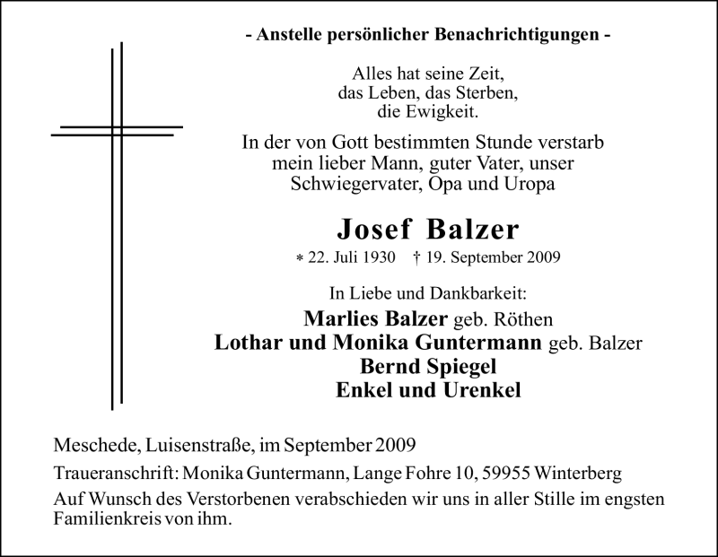  Traueranzeige für Josef Balzer vom 22.09.2009 aus Tageszeitung
