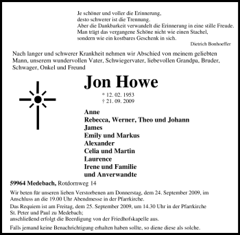 Traueranzeige von Jon Howe von Tageszeitung